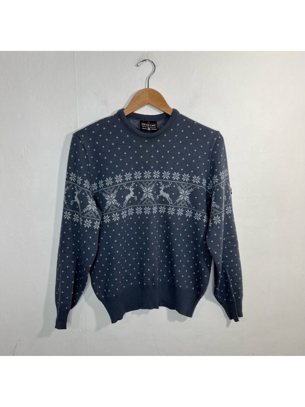 Demetre Vintage Gray Wool Reindeer Snowflake Awareness Ski Sweater Size Medium